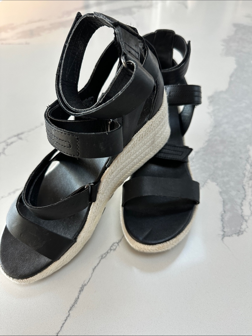 Sorel Black Leather Espadrille Wedge Sandals